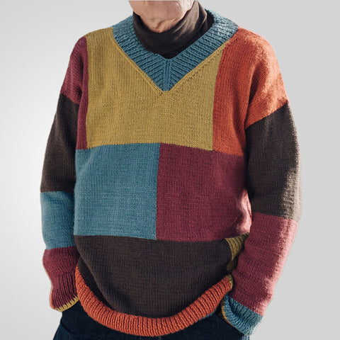 Fashion Men's Knitted Sweater V-Neck Color Matching Long Sleeve Sweater