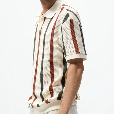 Hollow knit shirt striped contrasting woolen casual polo shirt