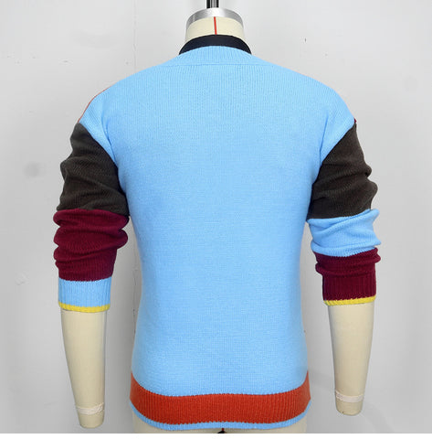 Fashion Men's Knitted Sweater V-Neck Color Matching Long Sleeve Sweater
