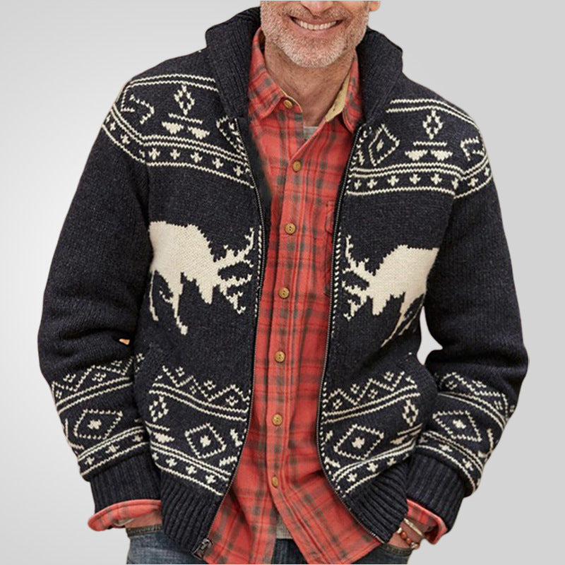 Black Deer Jacquard Zipper Long-sleeved Knitted Jacket