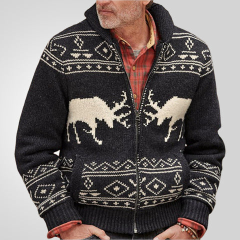 Black Deer Jacquard Zipper Long-sleeved Knitted Jacket