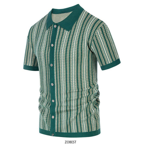 Men's Short Sleeved Knitted Shirt Striped Business Polo Shirt