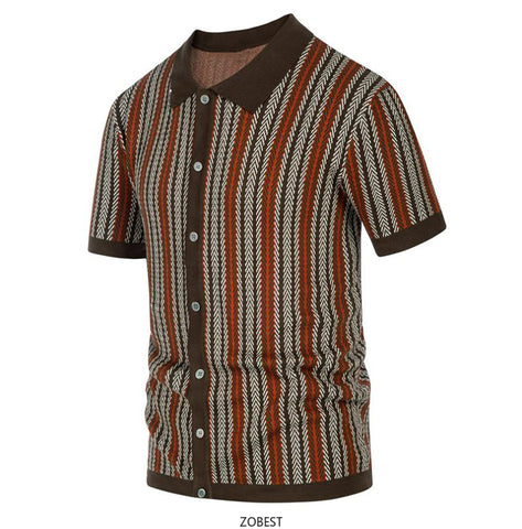 Men's Short Sleeved Knitted Shirt Striped Business Polo Shirt