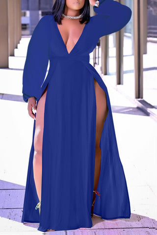 Plus Size Little Black Maxi Dresses Long Sleeve High Opening