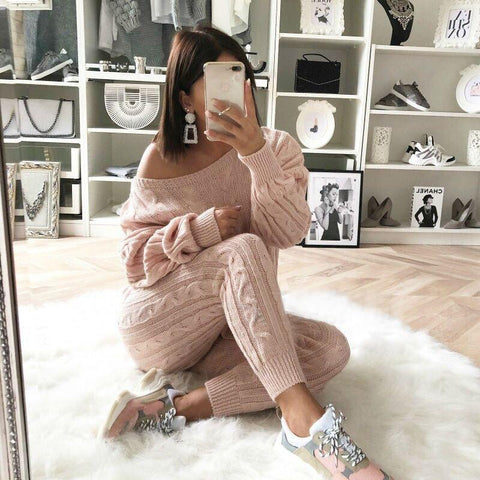 Free-shipping-online-clothing-plus-size-solid-long-sleeve-sweater-pants-two-pieces-set