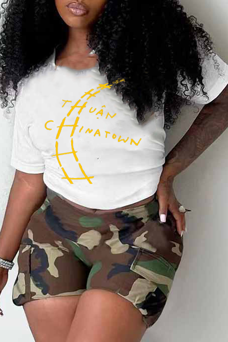 Daily Print Patchwork Letter O Neck T-Shirts