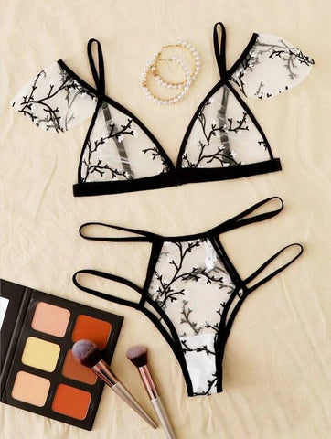 Black Ruffle Bra Transparent Erotic Top Thong Set