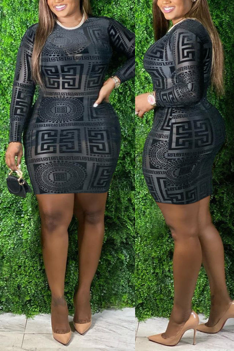 Online-clothing-plus-size-printed-black-long-sleeve-mini-dress