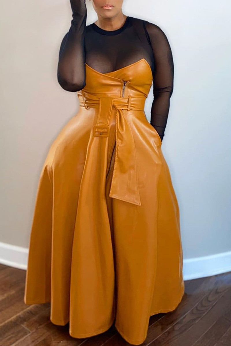 Online-clothing-plus-size-casual-solid-pu-leather-solid-color-maxi-skirt