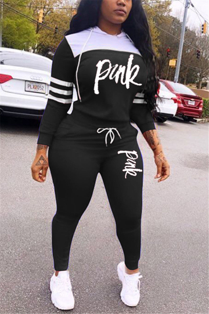 Plus Size Casual Patchwork Print Long Sleeve Two Piece Suits Hoodie