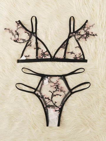 Black Ruffle Bra Transparent Erotic Top Thong Set