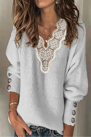 Lace Splicing Button Decorated Casual Sweater