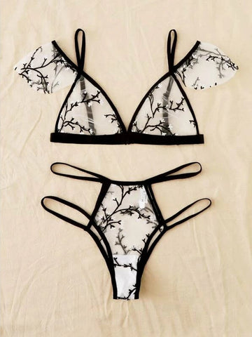 Black Ruffle Bra Transparent Erotic Top Thong Set