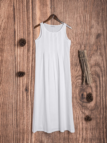 Round Neck Plain Casual Cotton-Blend Casualdress