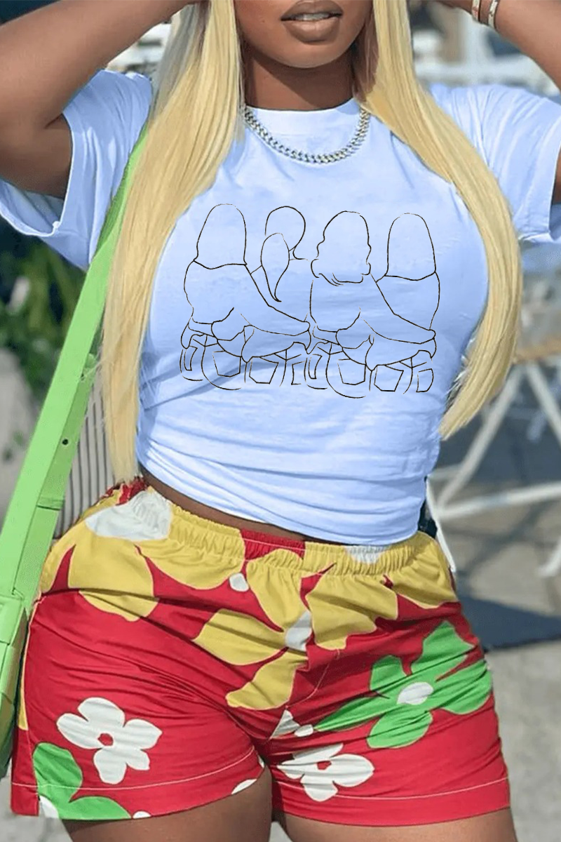 Street Party Print Patchwork O Neck T-Shirts