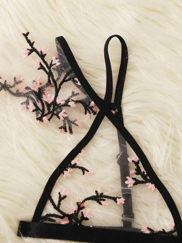 Black Ruffle Bra Transparent Erotic Top Thong Set
