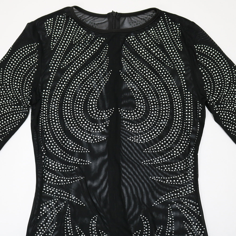 Online-clothing-plus-size-round-neck-long-sleeve-hot-drilling-see-through-maxi-dress