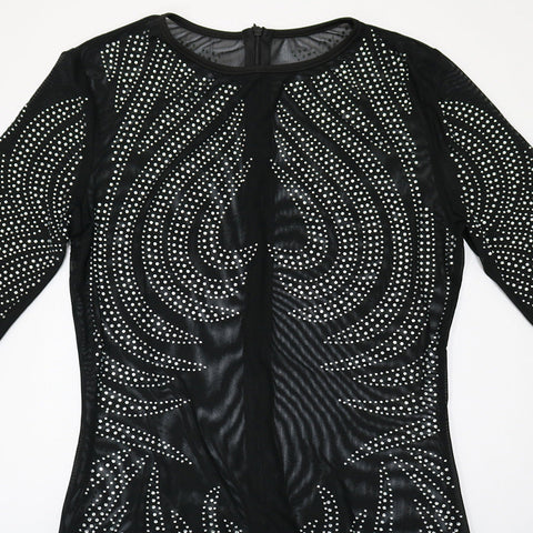 Online-clothing-plus-size-round-neck-long-sleeve-hot-drilling-see-through-maxi-dress