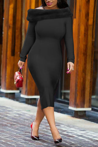 Plus Size Elegant Faux Fur Collar Split Bodycon Teddy Midi Dress