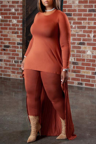 Plus Size Solid Long Sleeve Floor Length Top Leggings Pants Two Pieces Set