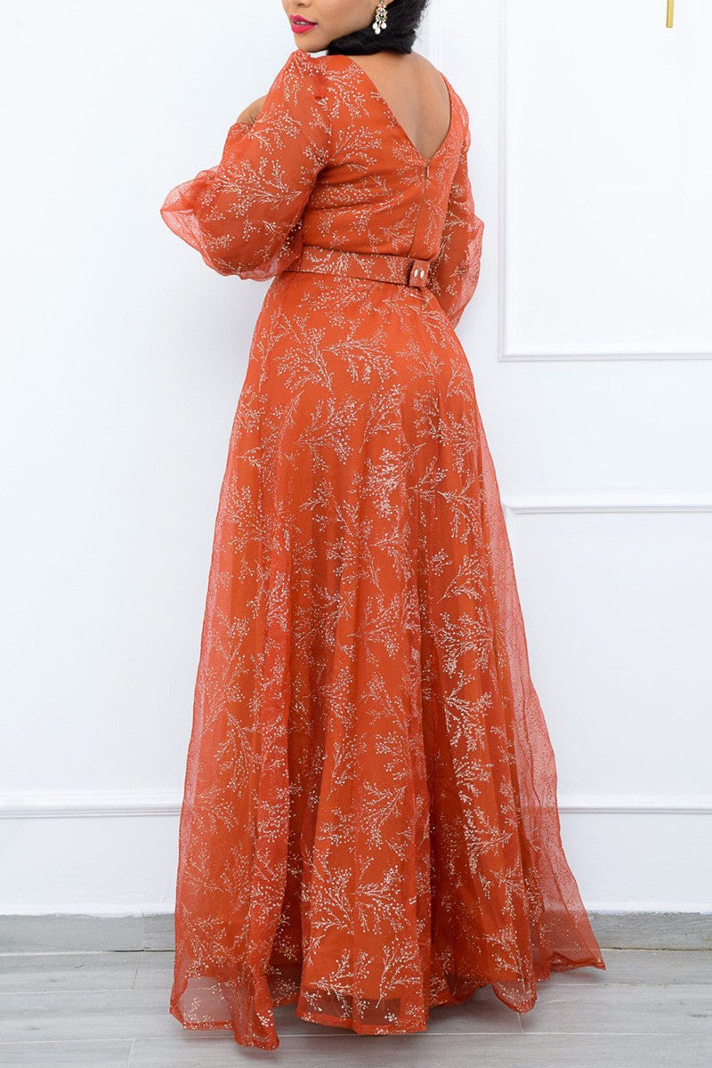Online-clothing-plus-size-v-neck-puff-long-sleeves-printed-a-line-maxi-dress-without-belt