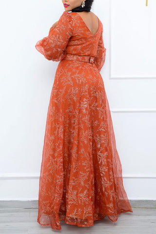 Online-clothing-plus-size-v-neck-puff-long-sleeves-printed-a-line-maxi-dress-without-belt