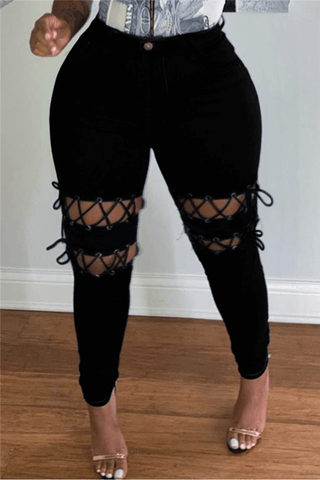 Fashion Casual Hollowed Out Strap Design Plus Size Jeans