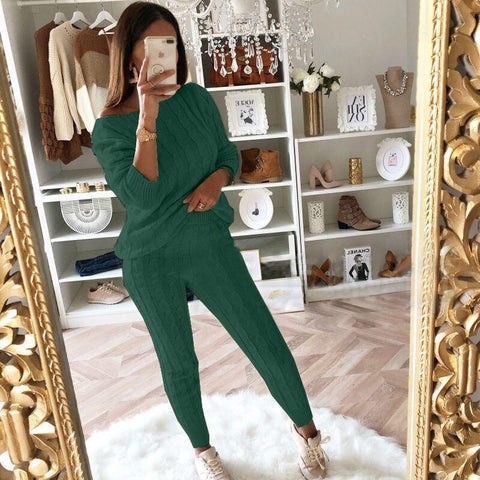 Plus Size Solid Long Sleeve Sweater Pants Two Pieces Set