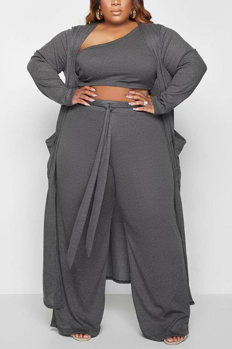 Plus Size Crop Top Wide Leg Pants Cardigan Three Pieces Set