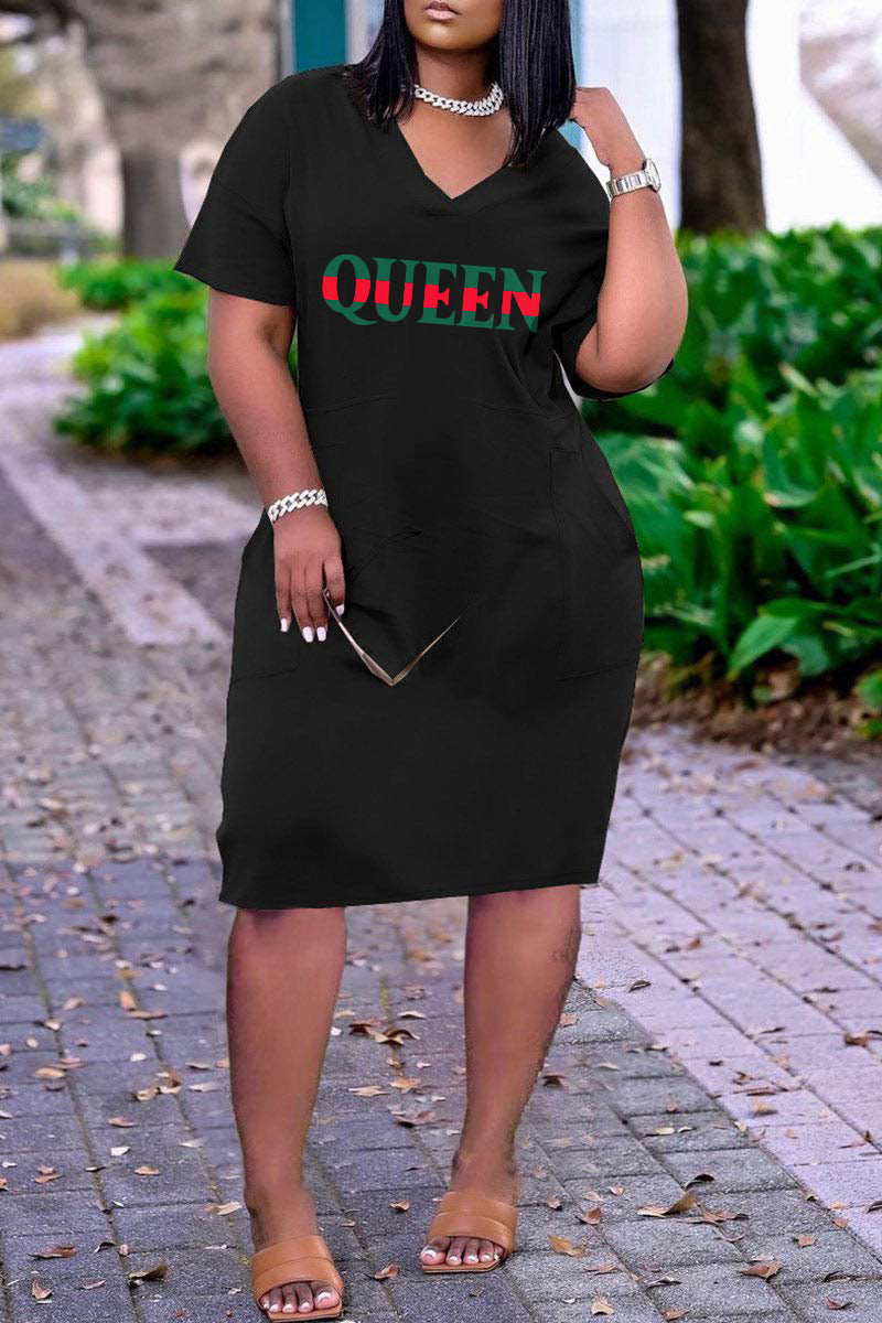 Online-clothing-plus-size-casual-graphic-basic-v-neck-short-sleeve-midi-dress-1