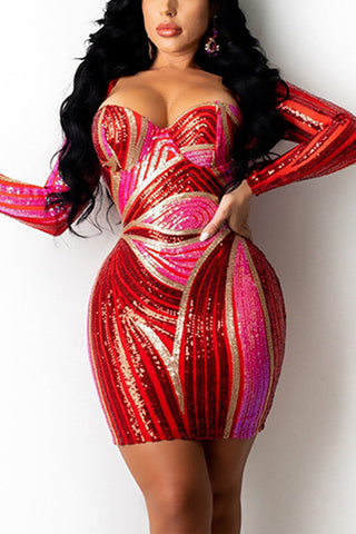 Plus Size Print Long Sleeve Sequin Bodycon Mini Dress