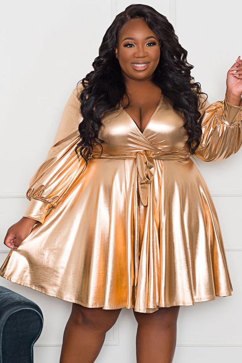 Plus Size V Neck Sash Belt Gold Metallic Mini Dress