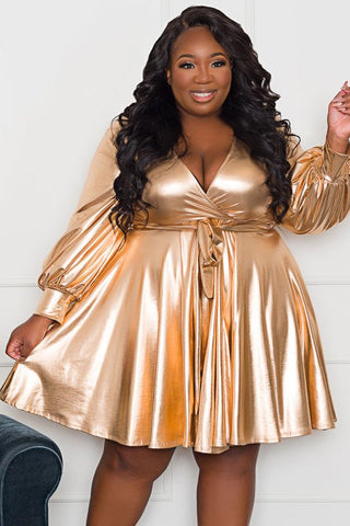 Plus Size V Neck Sash Belt Gold Metallic Mini Dress