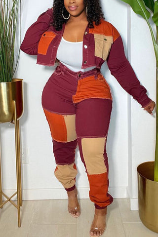 Plus Size Casual Colorblock Turndown Collar Pants Two Pieces Set