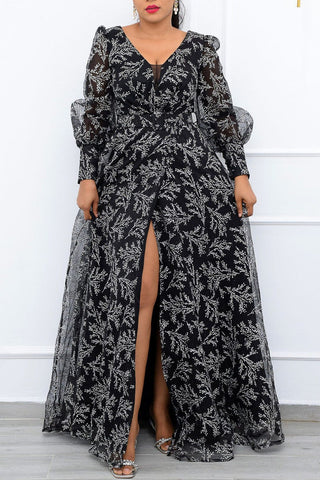 Online-clothing-plus-size-v-neck-puff-long-sleeves-printed-a-line-maxi-dress-without-belt