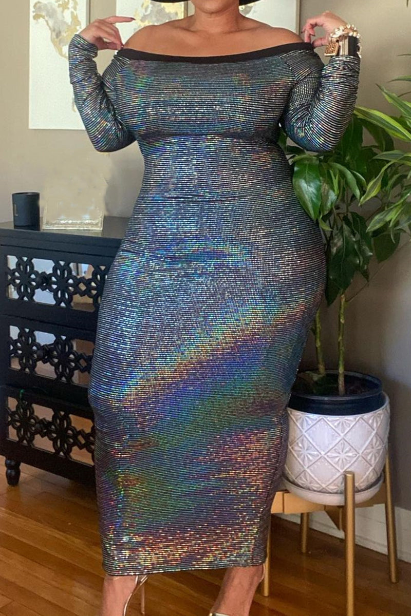Plus Size Sequin Maxi Dresses Off Shoulder Long Sleeves