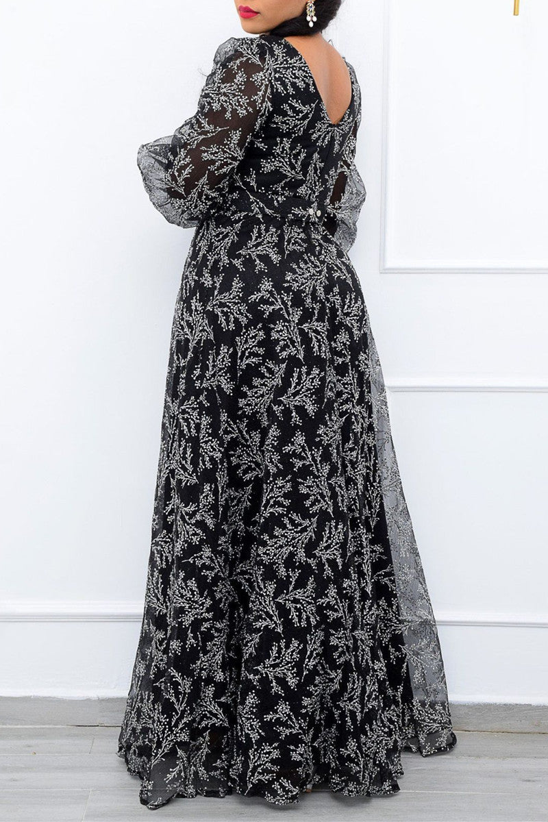 Online-clothing-plus-size-v-neck-puff-long-sleeves-printed-a-line-maxi-dress-without-belt