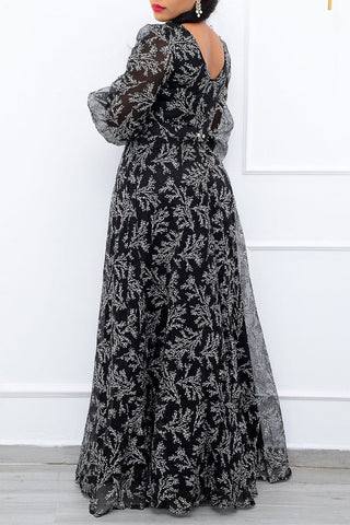 Online-clothing-plus-size-v-neck-puff-long-sleeves-printed-a-line-maxi-dress-without-belt