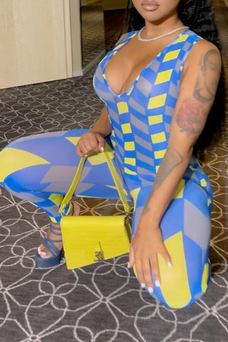 Geometric Print Deep V-Neck Casual Jumpsuit