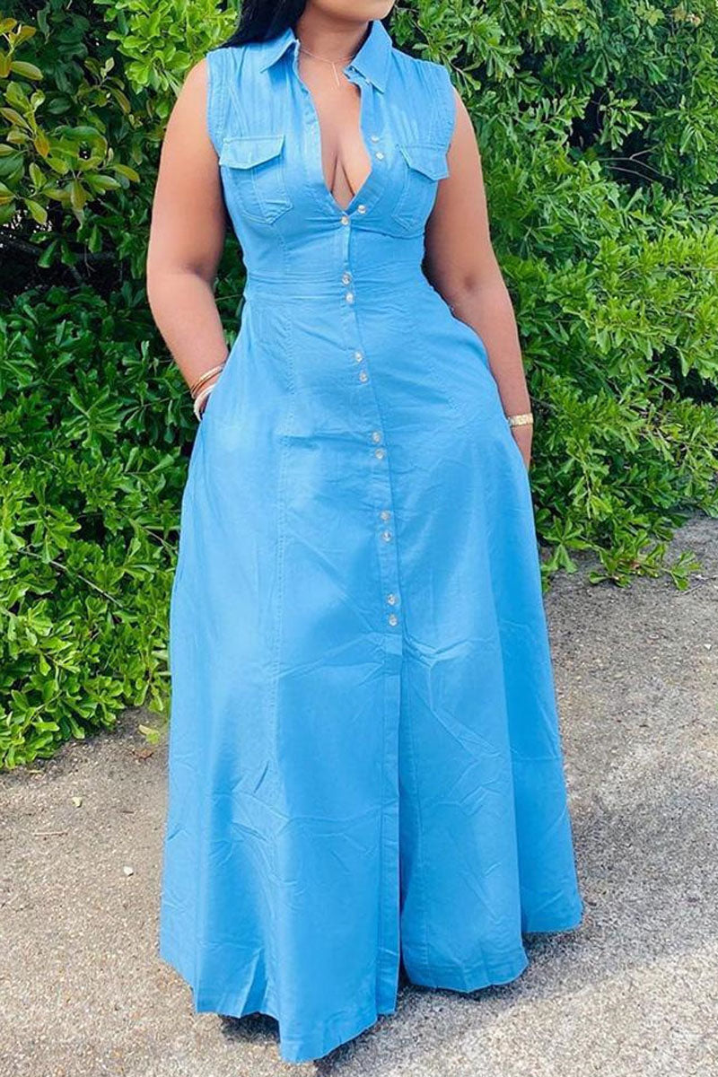 [Pre-Sale] Plus Size Casual Solid Sleeveless Denim Maxi Dress
