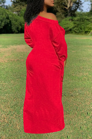 Online-clothing-plus-size-casual-solid-one-shoulder-long-sleeves-knotted-maxi-dress
