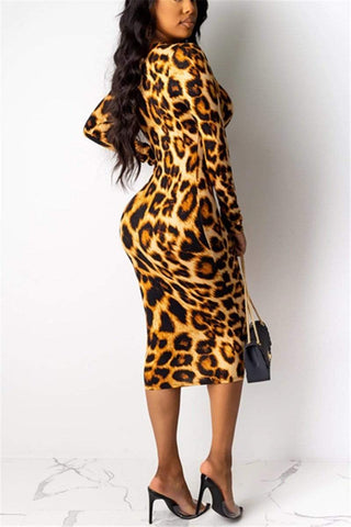 Leopard Deep V Long Sleeve Dress