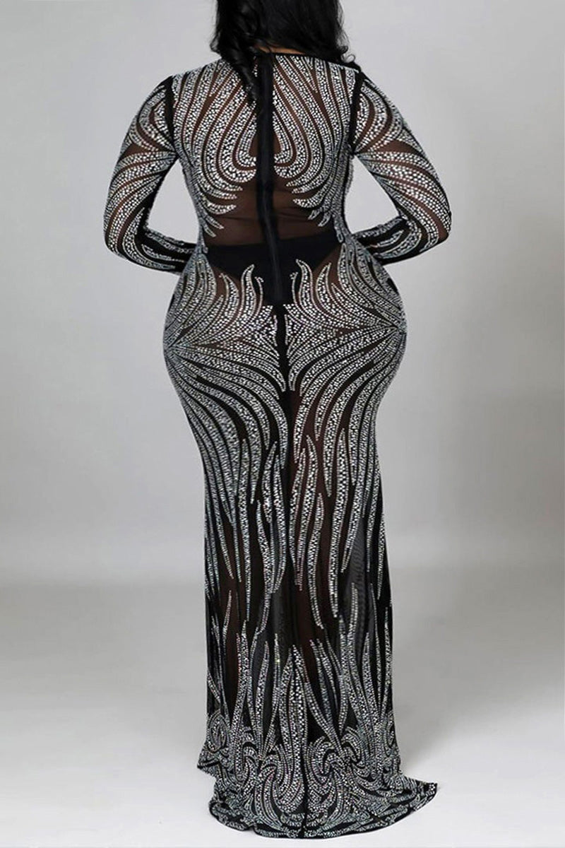 Online-clothing-plus-size-round-neck-long-sleeve-hot-drilling-see-through-maxi-dress