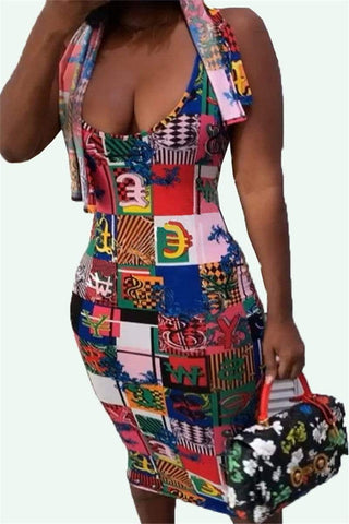 Sexy Fashion Print Sleeveless Dress（With Kerchief）