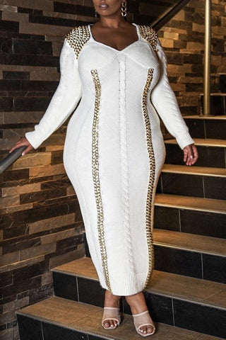 Online-clothing-plus-size-split-joint-long-sleeve-with-golden-chain-knit-sweater-midi-dress