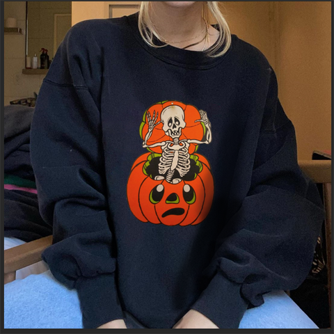 Skeleton print pumpkin designer round neck sweatshirt