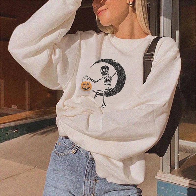 Oversize designer skull moon pumpkin printed sweatshirt