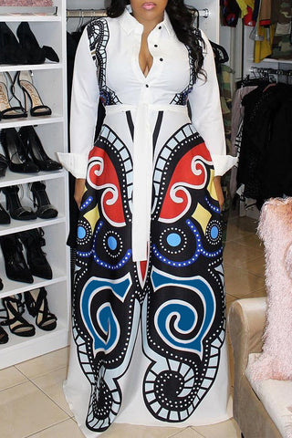 Online-clothing-plus-size-casual-butterfly-print-long-sleeve-shirt-maxi-dress