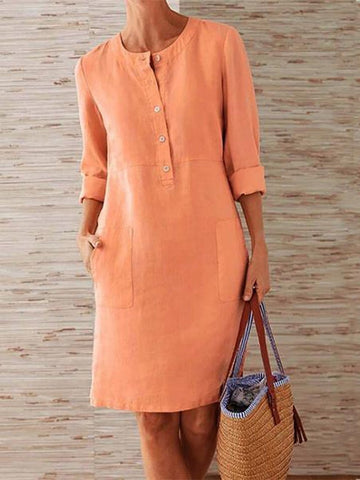 Solid Color Stand Collar Long Sleeve Buttoned Dress