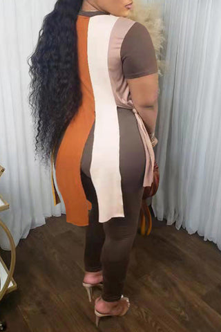 Free-shipping-online-clothing-plus-size-o-neck-colorblock-fringe-two-piece-set